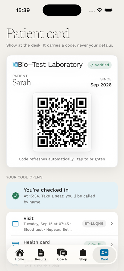 The Bio-Test patient card with a QR code, a green “You’re checked in” confirmation, and the upcoming visit and health card listed below.