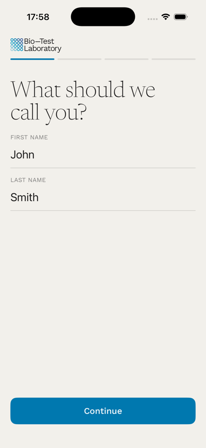 Sign-up step one of four asking for first and last name as they appear on the health card.