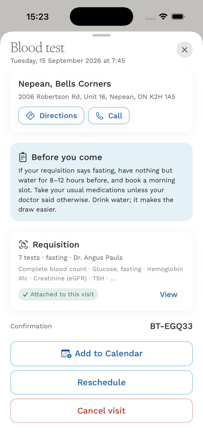 A booked blood test at Nepean, Bells Corners, with a “Before you come” fasting note and a seven-test requisition marked “Attached to this visit”.